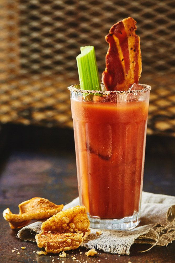 Bloody mary with bacon and rackling