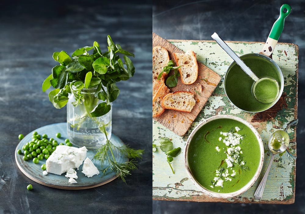 Pea and watercress soup with feta cheese
