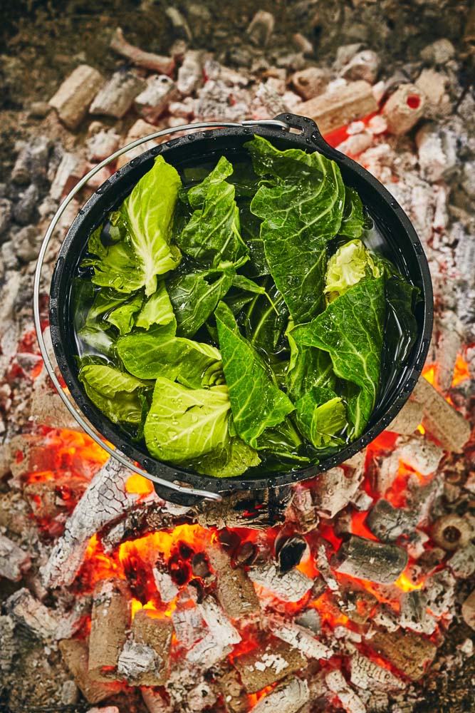 cooking green over hot coals